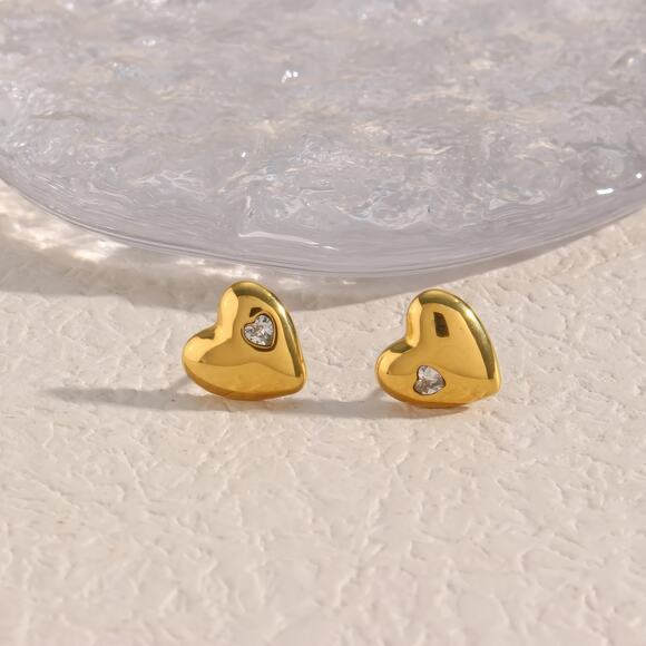Heart Stud Earrings with Embedded Zircon 18K Gold Plated Stainless Steel - Picture 7 of 9